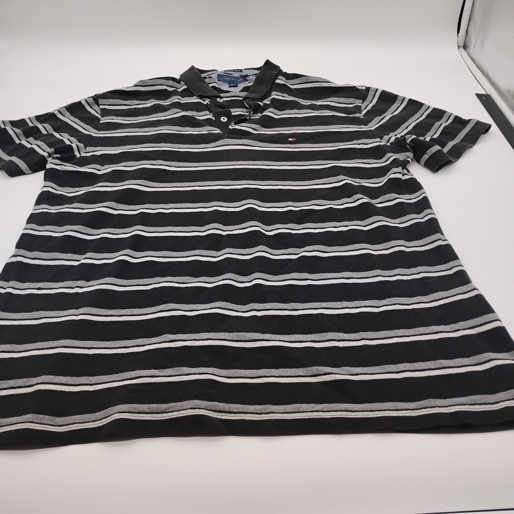 Tommy Hilfiger Mens XXL Custom Fit Striped Polo Shirt Black Grey White Cotton